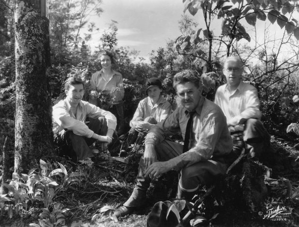 Colonel David C. Chapman sits in the foreground of this undated photo, joined by (from left) Harvey B. Broome, Mrs. Charles W. Myers, Miss Mildred Query, and Jas. E. Thompson, all members of the Great Smoky Mountains Conservation Association, of which Chapman was president. Photo provided by Thompson Photograph Collection, Calvin M. McClung Historical Collection, Knox County Public Library.