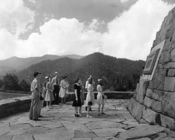A memorial erected at Newfound Gap, still intact today, commemorates the $5 million gift from the Laura Spelman Rockefeller Foundation that paid half the purchase price of Great Smoky Mountains National Park. Photo provided by Thompson Photograph Collection, Calvin M. McClung Historical Collection, Knox County Public Library.